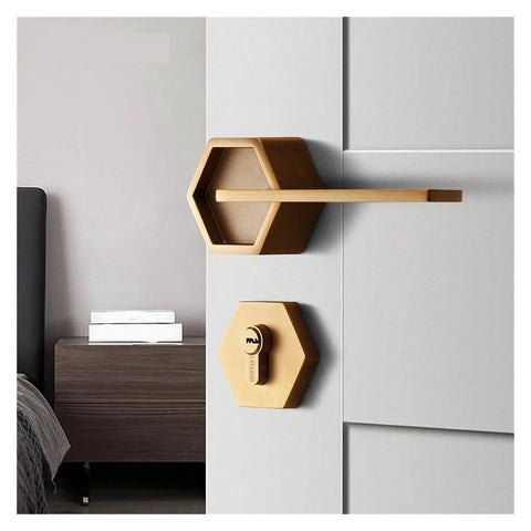 Top Shelf Interior Silent Door Lock Crafted From Premium Zinc Alloy Handle Rock Solid Build Rust Resistant Finish Wear Proof Design For Bedroom And Bathroom Smooth Closure With Zero Collisions Heavy Duty Performance close-up view of hexagon-shaped handles on a modern door