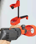 Heavy Duty Drill Press Stand With Fixed Handle And Telescopic Spring For Benchtop Workstation showing red mounts and drill setup.