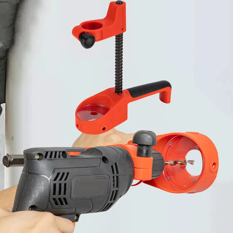 Heavy Duty Drill Press Stand With Fixed Handle And Telescopic Spring For Benchtop Workstation showing red mounts and drill setup.