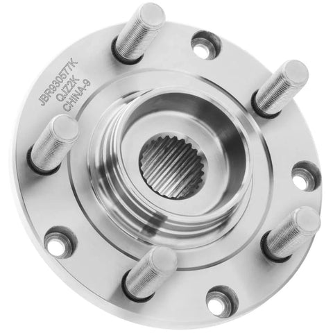 Rear Wheel Hub Bearing Assembly With Repair Kit For Subaru Impreza Forester Legacy All Wheel Drive Models 1992-2007 Rear Driver Or Passenger Side Fit Includes Bearing ABS Sensor And Mounting Hardware For A Smooth Long Lasting Ride, front view of metal hub component with mounting studs.