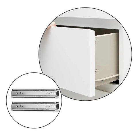 Two Pack Stainless Steel Drawer Slides, Bottom Mounted Concealed Under-Drawer Guides, Heavy Duty, Smooth Glide, Durable Cabinet Hardware, No Exposed Rails, Easy Install, Professional Grade installed under white drawer