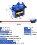 Diagram of SG90 9G micro servo dimensions 22x12x23mm, with labeled features for Eight Piece SG90 9G Micro Servo Motors Kit For RC Projects And Arduino Dope Servo Pack For Robot Arm Helicopter Airplane Boat Car Controls And Tiny RC Toys Upgrade.