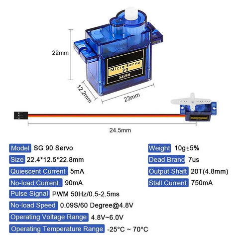 Diagram of SG90 9G micro servo dimensions 22x12x23mm, with labeled features for Eight Piece SG90 9G Micro Servo Motors Kit For RC Projects And Arduino Dope Servo Pack For Robot Arm Helicopter Airplane Boat Car Controls And Tiny RC Toys Upgrade.
