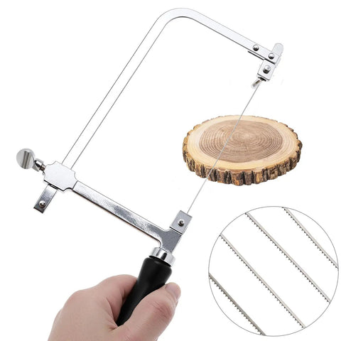 Badass Jeweler Toolkit Featuring Tough Saw Frame With 144 Cutting Blades; metal saw cutting through wood block.