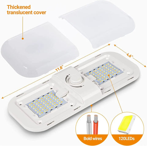 RV Interior LED Ceiling Lights 1700LM 12V Dimmable Dome Fixtures with translucent cover and 120 LEDs shown