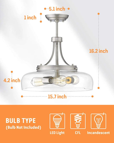 3 Light Farmhouse Pendant Light Semi Flush Mount With Brushed Nickel And Clear Glass Shade, dimensions labeled for installation