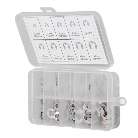 Heavy Duty Stainless Steel E Clamp Set 120 Piece Assortment Kit For Secure Bearing Fastening And Gear Shaft Fixation Durable Holders