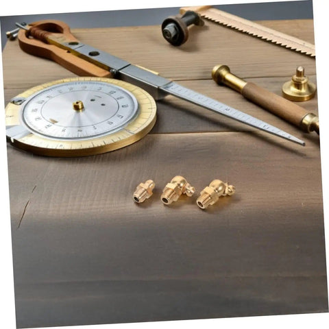9 Piece Grease Fitting Assortment Kit With Copper Oil Nozzle Caps For Cars And Trailers Easy To Install Straight And Angled Nipples Universal Fit DIY Friendly Durable Copper Nipples For Auto Lubrication shown with tools