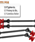 RC Drive Shaft CVD Upgrade Kit For 1/8 Typhon 6S And 1/7 Felony Limitless Roller Infraction 6S BLX 45 Steel Driveshafts Front And Rear Axles Aluminum Wheel Hex Hub Nuts In Red, shown with four black shafts and red hubs