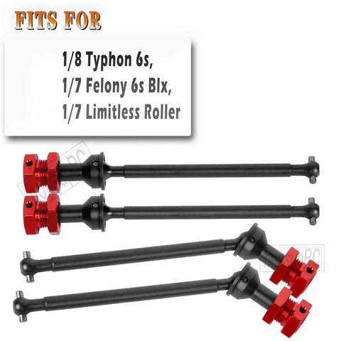 RC Drive Shaft CVD Upgrade Kit For 1/8 Typhon 6S And 1/7 Felony Limitless Roller Infraction 6S BLX 45 Steel Driveshafts Front And Rear Axles Aluminum Wheel Hex Hub Nuts In Red, shown with four black shafts and red hubs