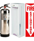 Rock Solid Stainless Steel Water Fire Extinguisher Two Five Gallon Refillable Class A Rated UL Listed with quick mount cabinet and sign.