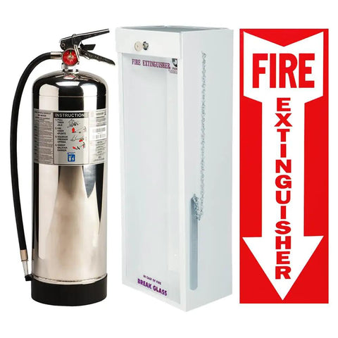 Rock Solid Stainless Steel Water Fire Extinguisher Two Five Gallon Refillable Class A Rated UL Listed with quick mount cabinet and sign.