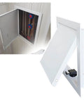 Built Tough 13 By 16 Inch White Drywall Access Panel With Magnetic Push Open hidden for wiring inspection in wall.