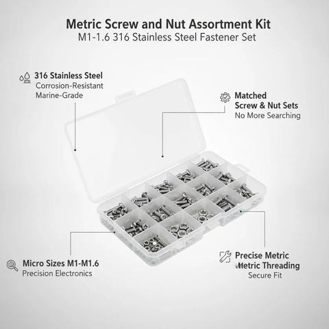 316 Stainless Steel Micro Fastener Kit With Metric Screws And Nuts M1 Through M1.6 For Precision Electronics And Marine Hardware Repair Engineered For Corrosion Resistance And Precise Fits For Durable Electronics And Marine Repairs. open case with assorted screws and nuts