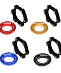 Centerlock To Six Bolt Rotor Adapter With Lockring All In One Kit for MTB and Road Bikes in black, red, gold, blue, shown in top view.