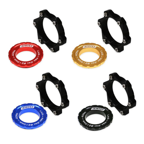 Centerlock To Six Bolt Rotor Adapter With Lockring All In One Kit for MTB and Road Bikes in black, red, gold, blue, shown in top view.