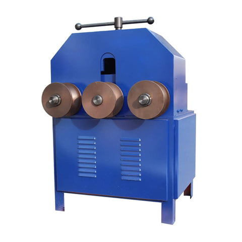 Heavy Duty Rolling Pipe Bending Machine With Round And Square Dies For Metal Tubing, blue unit with three rollers, perfect for crafts.