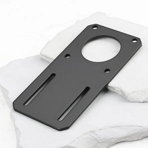 2 Pack NEMA 23 Stepper Motor Mounting Brackets 132x65mm Rock Solid Aluminum, Precise Alignment, 47mm Standard Hole Spacing, Heavy Duty Mounting Plates For DIY CNC And 3D Printer Projects. Black aluminum bracket shown at angle