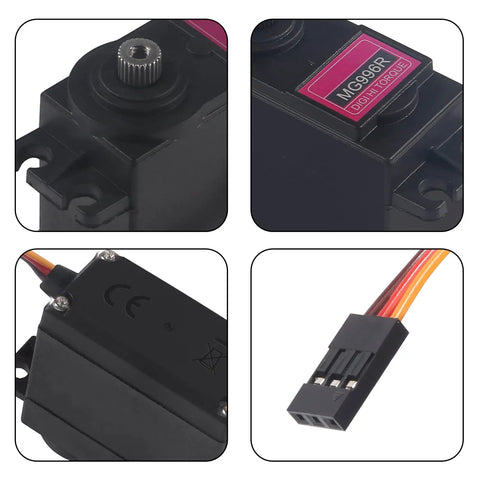 MG996R Six Pack High Speed 180 Degree Digital Servo Motors with connectors and gears, ideal for RC cars, robots, boats, and helicopters.
