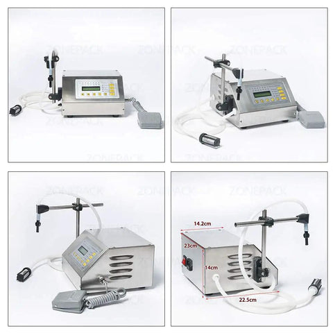 Commercial Grade Digital Liquid Filling Machine And Precision Bottle Pump With Sharp Digital Readout For Beverages And Water 5Ml To 3500Ml Range shown from multiple angles with tubing attached.