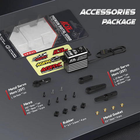 Badass Waterproof Brushless RC Servo Motor 50Kg Programmable Winch accessories, including servo horns, screws, and gaskets.