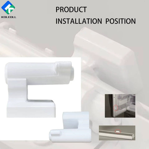 French Door Refrigerator Hinge Replacement Compatible With 3553821 AP5620627 PS4145262 EAP4145262 No Fuss Install Plastic Pivot Hinge For Smooth Opening And Closing, showing installation position with close-up of plastic hinge.