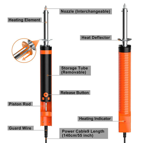 Electric Desoldering Pump Solder Sucker For Through Hole PCBs Portable Desoldering Gun With labeled parts and features.