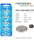 Top Shelf Size 373 Silver Oxide Watch Battery Two Pack Long Lasting Power For Luxury Wristwatches No Sweat Replacement packaging with specifications.
