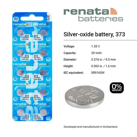 Top Shelf Size 373 Silver Oxide Watch Battery Two Pack Long Lasting Power For Luxury Wristwatches No Sweat Replacement packaging with specifications.