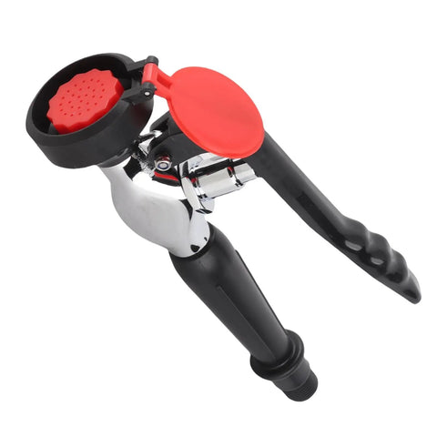 Close-up of a 304 Stainless Steel Emergency Eye Wash Unit Tabletop Eyewasher With Forged Diverting Valve, red protective cap.