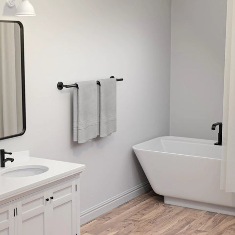 Matte Black Towel Bar 24 Inch Wall Mounted Stainless Steel Towel Rack in bathroom with towels, wall-mounted near shower.