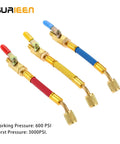 R134A R410A R22 R12 Air Conditioning Charging Hoses And Ball Valve Set With One Quarter Inch SAE Thread, color coded.
