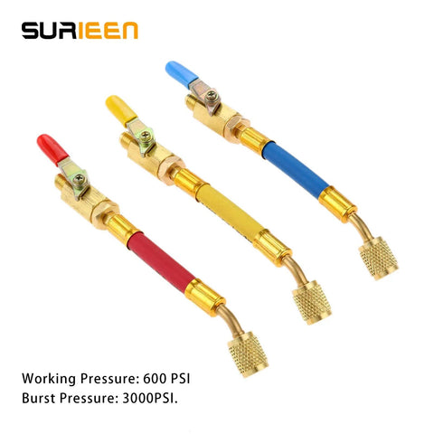 R134A R410A R22 R12 Air Conditioning Charging Hoses And Ball Valve Set With One Quarter Inch SAE Thread, color coded.