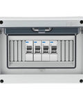 Front view of 8 Way Circuit Breaker MCB Distribution Box with IP65 waterproof rating, transparent cover, PC+ABS construction.