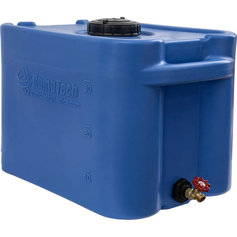 35 Gallon Blue Portable Stackable Water Storage Tank with spigot, durable polyethylene for safe drinking water storage