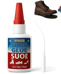 50G Shoe Glue All Purpose Waterproof Repair Adhesive For Sneakers Boots Heels Sandals And More Instant Strong Bond On Leather Rubber Vinyl Canvas And Sole Repairs For DIY Enthusiasts showing glue bottle and repair application on a boot