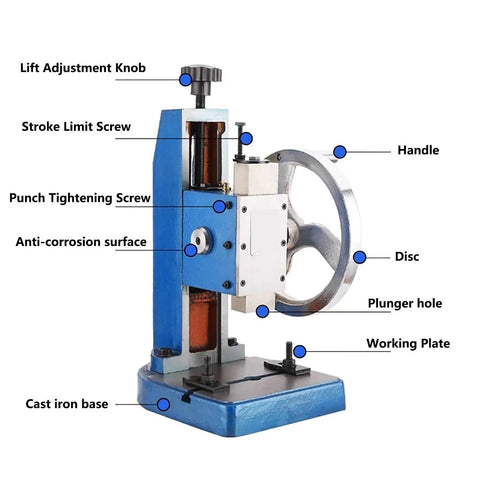 Premium Desktop Manual Arbor Press With Heavy Duty Cast Iron Frame For Precision Stamping Punching And Bearing Installation labeled parts diagram.