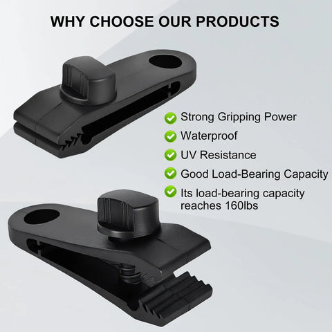 Heavy Duty Tarp Clips 45 Piece Set with Elastic Rope and Lock Grip Clamps showing strong grip and waterproof features