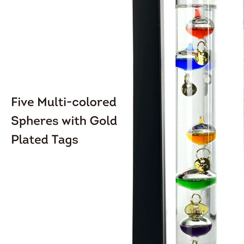 Close-up of Dope Desktop Weather Station With Galileo Thermometer And Fitzroy Storm Glass Predictor, matte black finish, five multicolor spheres.
