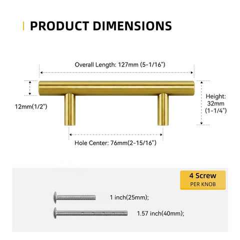 3 Inch Gold Cabinet Pulls Brushed Brass Drawer Handles For Kitchen Bathroom Cupboards And Dressers 100 Pack Durable Stainless Steel Hardware dimensions and screws