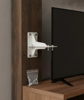 Heavy Duty L Bracket Shelf Support for Corner Reinforcement and Furniture Stability installed on wooden TV stand with screws