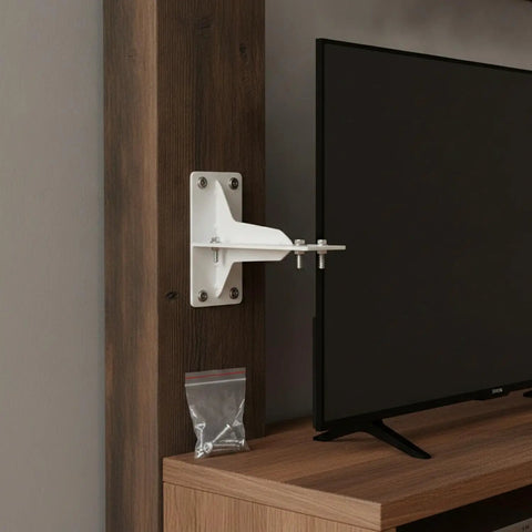 Heavy Duty L Bracket Shelf Support for Corner Reinforcement and Furniture Stability installed on wooden TV stand with screws