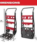 Milwaukee PACKOUT 2-Wheel Hand Truck Cart With Stackable Flat-Free Wheels And 400 Lb Load Capacity dimensions showing height and width measurements in red and black.