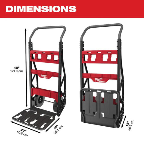 Milwaukee PACKOUT 2-Wheel Hand Truck Cart With Stackable Flat-Free Wheels And 400 Lb Load Capacity dimensions showing height and width measurements in red and black.