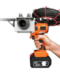 Professional Grade Cordless Electric Wire Threader With 800W Brushless Motor And Non Slip Rubberized Grip Designed For Straight Up Pro Job Sites, held in hand with cable.