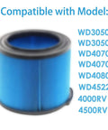 Two Pack VF3500 Replacement Filter For Ridgid Wet Dry Vacuums To 4.5 Gallon And 3 Layer Pleated Design Delivers Top Notch Dirt Capture For WD3050 WD4080 WD4522 4000RV 4500RV, blue cylindrical filter with black edges seen against a white background