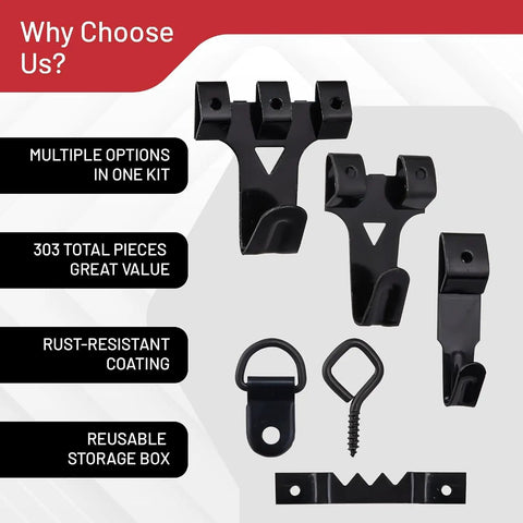 Complete 303 Piece Picture Hanging Hardware Kit With Heavy Duty Wall Hooks Drywall Anchors And Screw Assortment For Rock Solid Gallery Displays No Sweat Installation, showing various black hooks and a storage box.