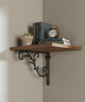 Black Iron Wall Shelf Bracket for Industrial Rustic Decor holding wood shelf with books, plant, and clock, Heavy Duty Wall Mount