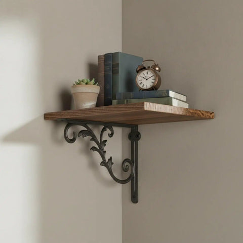 Black Iron Wall Shelf Bracket for Industrial Rustic Decor holding wood shelf with books, plant, and clock, Heavy Duty Wall Mount