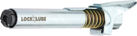 LockNLube grease gun coupler XL, side view, chrome metal body with spring, universal fit for recessed grease fittings